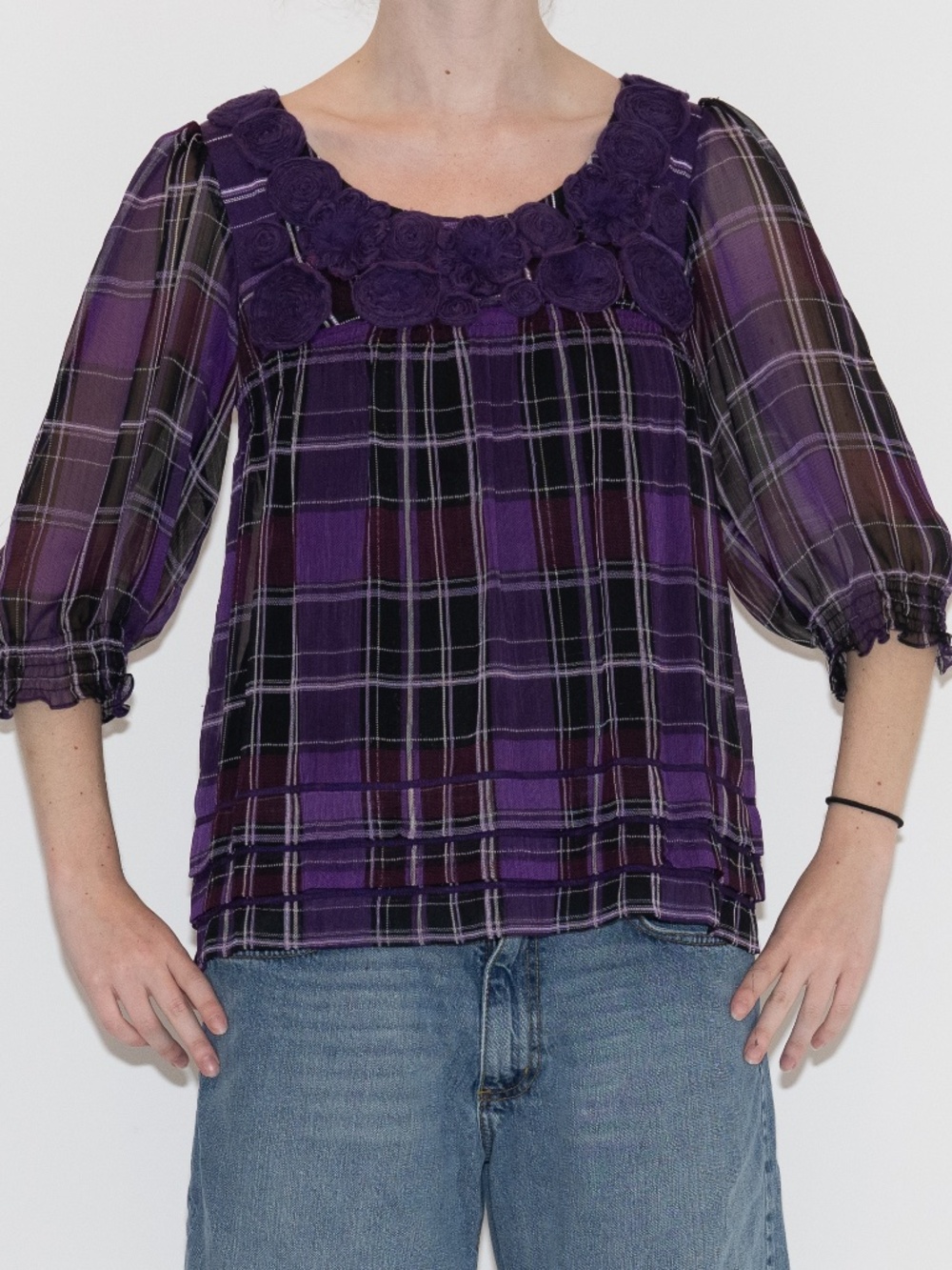 Y2k plaid babydoll blouse purple flower top size 8 eci polyester